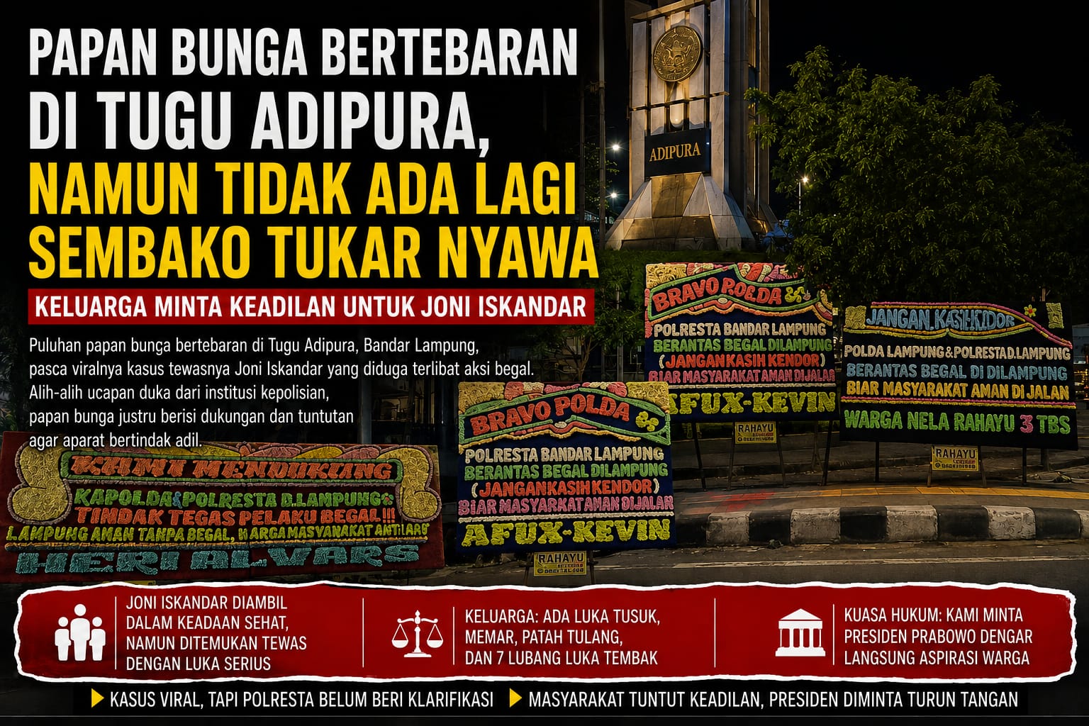 Papan Bunga Bertebaran di Tugu Adipura, nanun tidak ada lagi sembako tukar nyawa. Keluarga Minta Keadilan untuk Joni Iskandar
