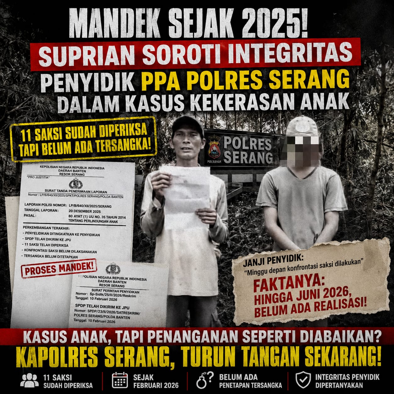 Kasus Kekerasan Anak di Kabupaten Serang Berjalan di Tempat, Integritas Penyidik PPA Kini Dipertanyakan Publik. 