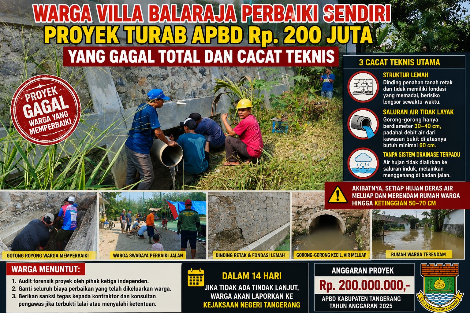 Proyek Turab APBD Rp200 Juta di Villa Balaraja Diduga Gagal Konstruksi, Warga Terpaksa Rogoh Rp12 Juta untuk Perbaikan