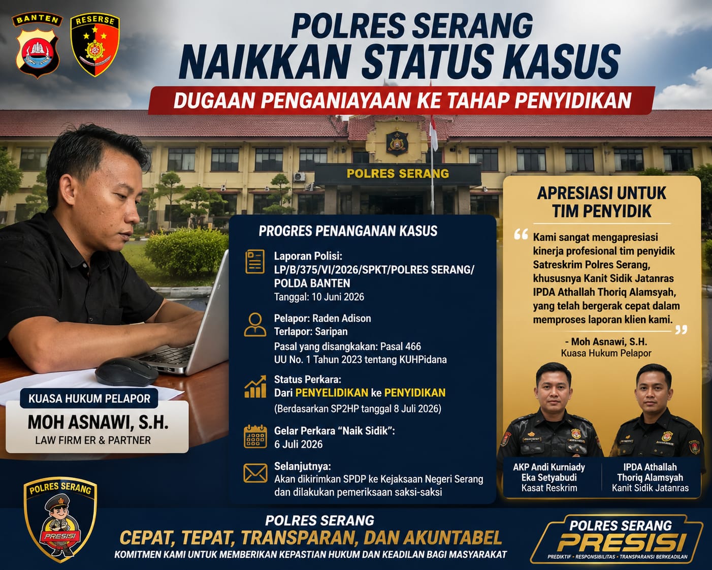 Polres Serang Tingkatkan Kasus Dugaan Penganiayaan ke Tahap Penyidikan, Kuasa Hukum Pelapor Apresiasi Kinerja Penyidik