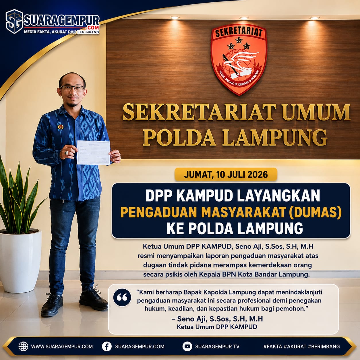 Diduga Kakan BPN Bandar Lampung Rampas Kemerdekaan Psikis Pemohon, DPP KAMPUD Layangkan Dumas ke Polda Lampung