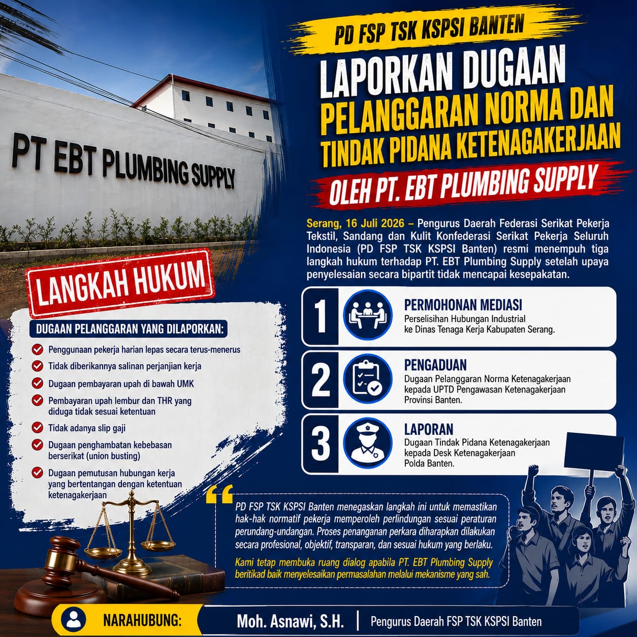 PD FSP TSK KSPSI Banten Laporkan Dugaan Pelanggaran Norma dan Tindak Pidana Ketenagakerjaan oleh PT EBT Plumbing Supply