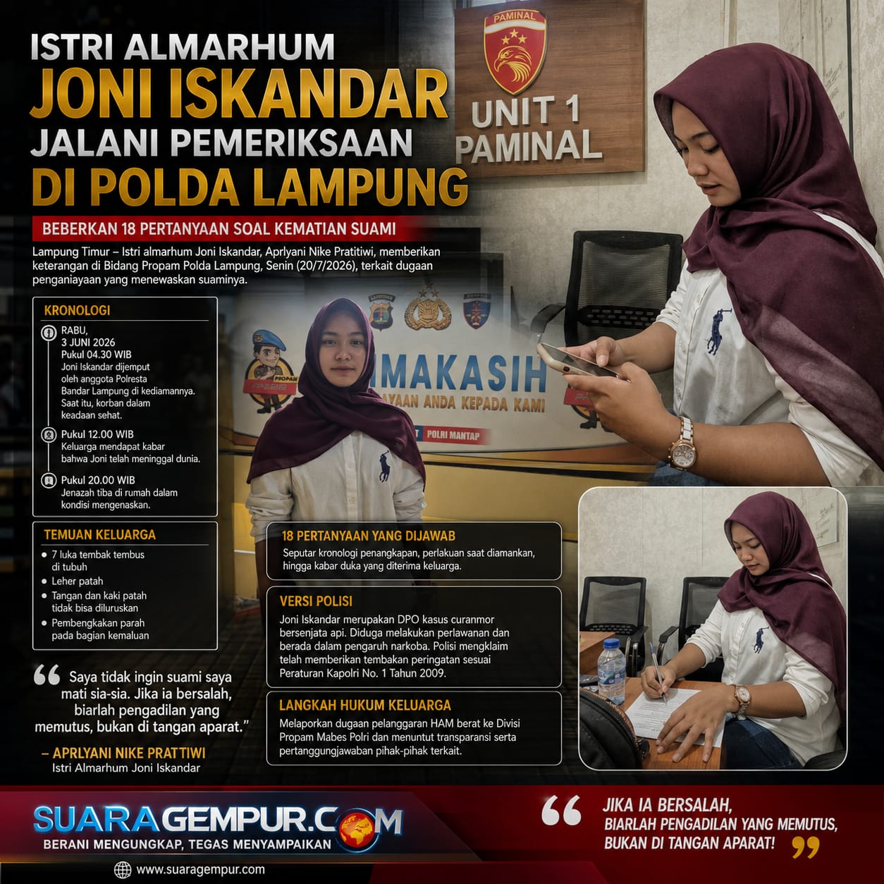 Istri Almarhum Joni Iskandar Jalani Pemeriksaan di Polda Lampung, Jawab 18 Pertanyaan soal Kematian Suami