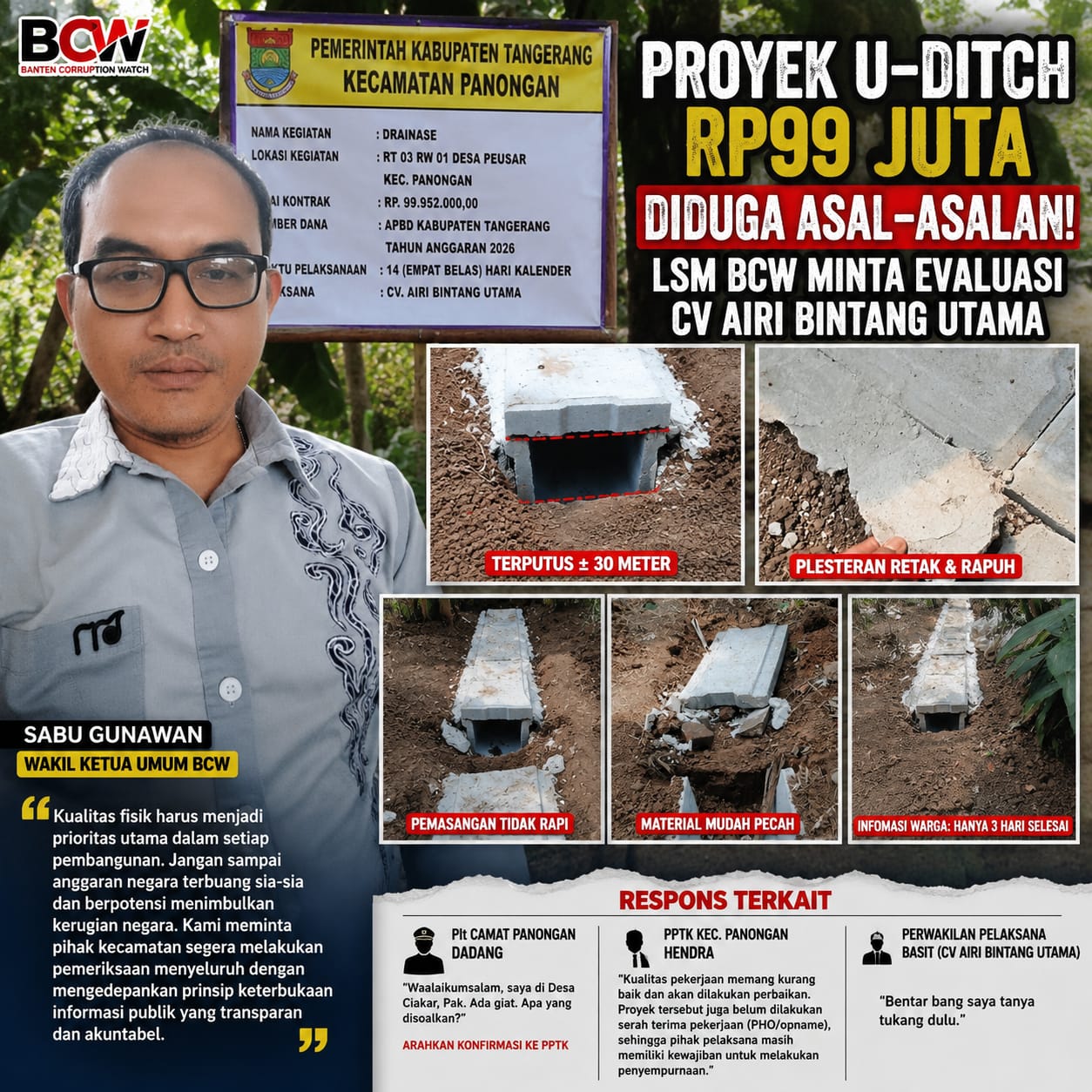 Proyek Anggaran Kecamatan Aspirasi Dewan di Desa Peusar Diduga Bermasalah, BCW Minta Evaluasi CV Airi Bintang Utama