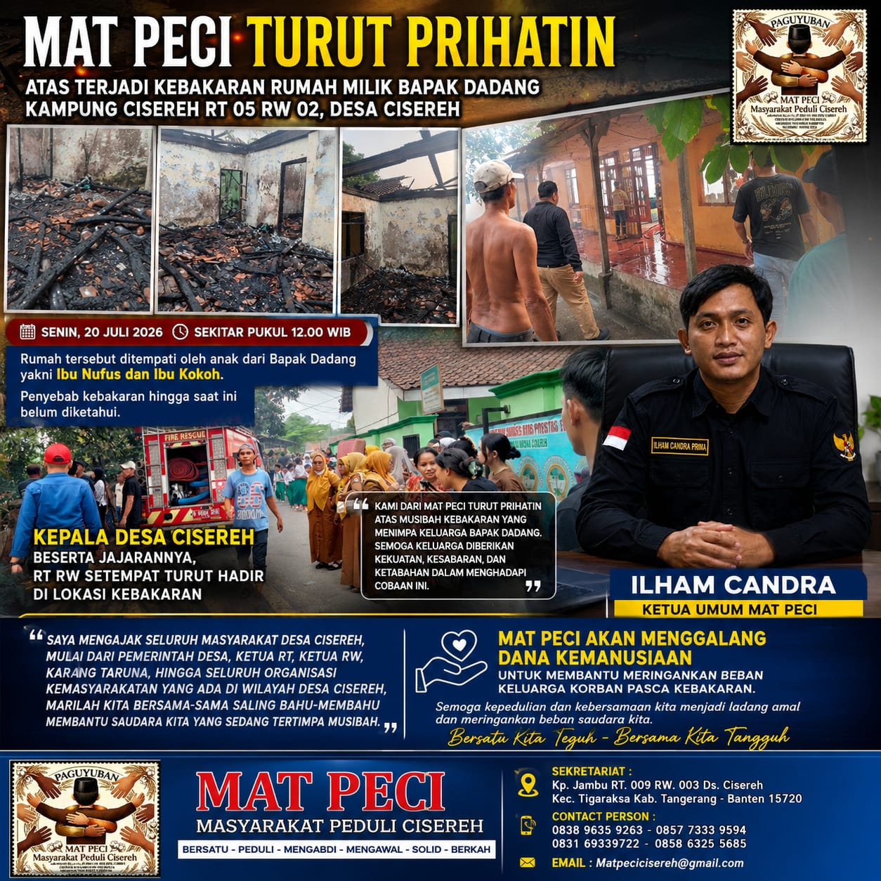 MAT PECI Turut Prihatin, Akan Gelar Penggalangan Dana Kemanusiaan bagi Korban Kebakaran Rumah di Desa Cisereh, Ajak Warga Bergotong Royong