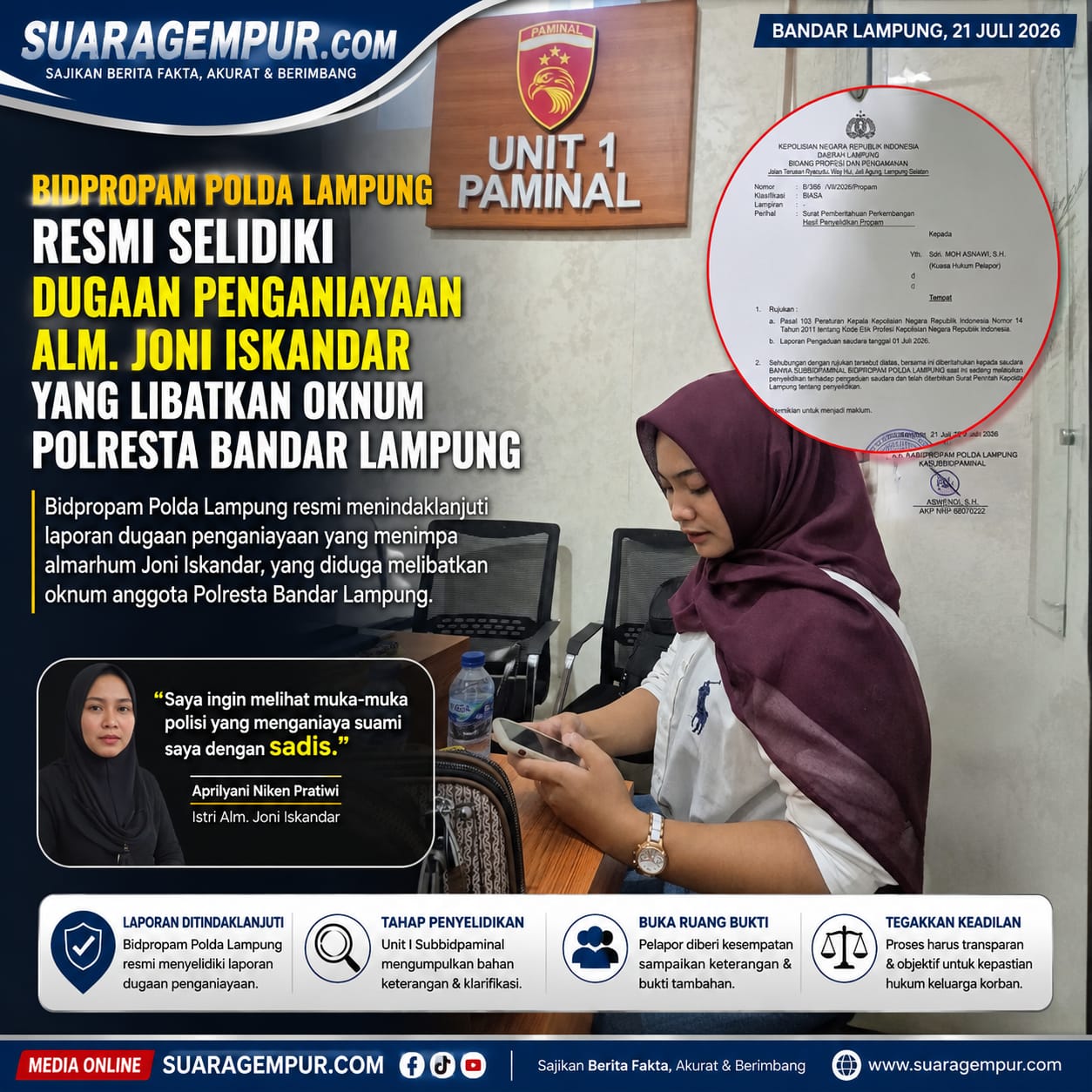 Bidpropam Polda Lampung Resmi Selidiki Dugaan Penganiayaan Alm. Joni Iskandar yang Libatkan Oknum Polresta Bandar Lampung