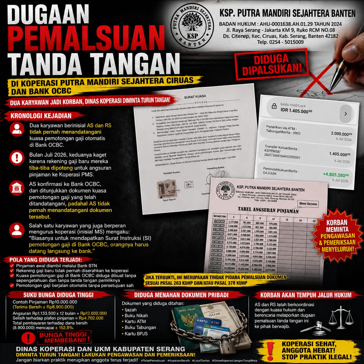 Dugaan Pemalsuan Tanda Tangan Surat Kuasa Potong Gaji, Koperasi Putra Mandiri Sejahtera Ciruas Disorot