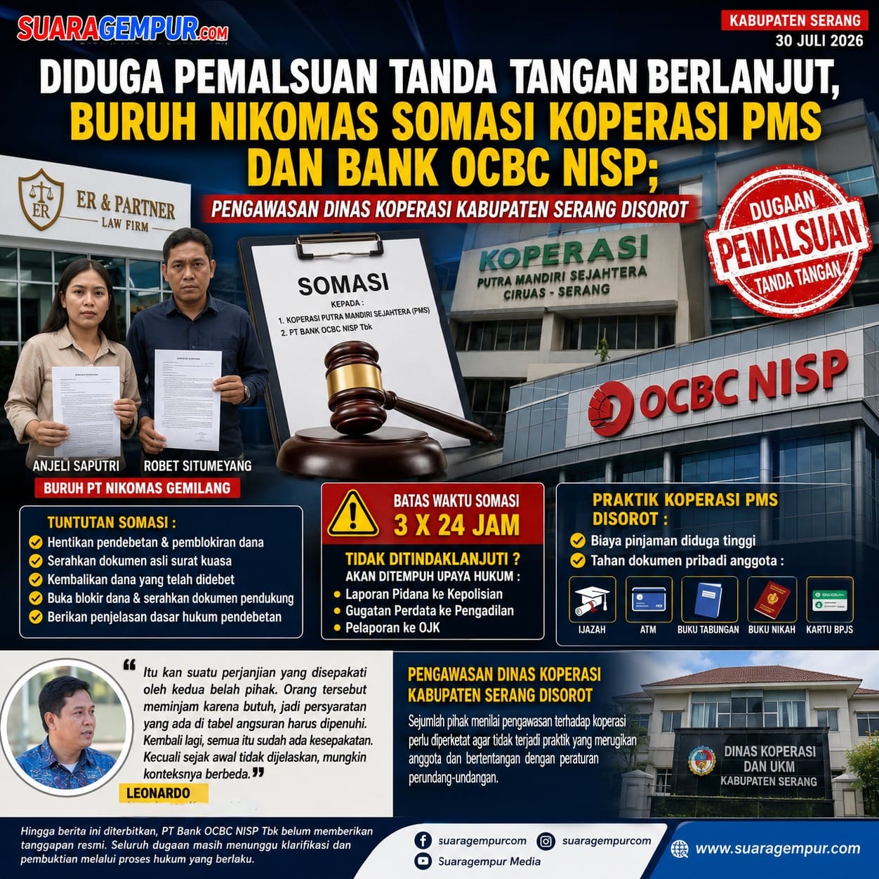 Diduga Pemalsuan Tanda Tangan Berlanjut, Buruh Nikomas Layangkan Somasi ke Koperasi PMS dan Bank OCBC NISP; Pengawasan Dinas Koperasi Kabupaten Serang Disorot