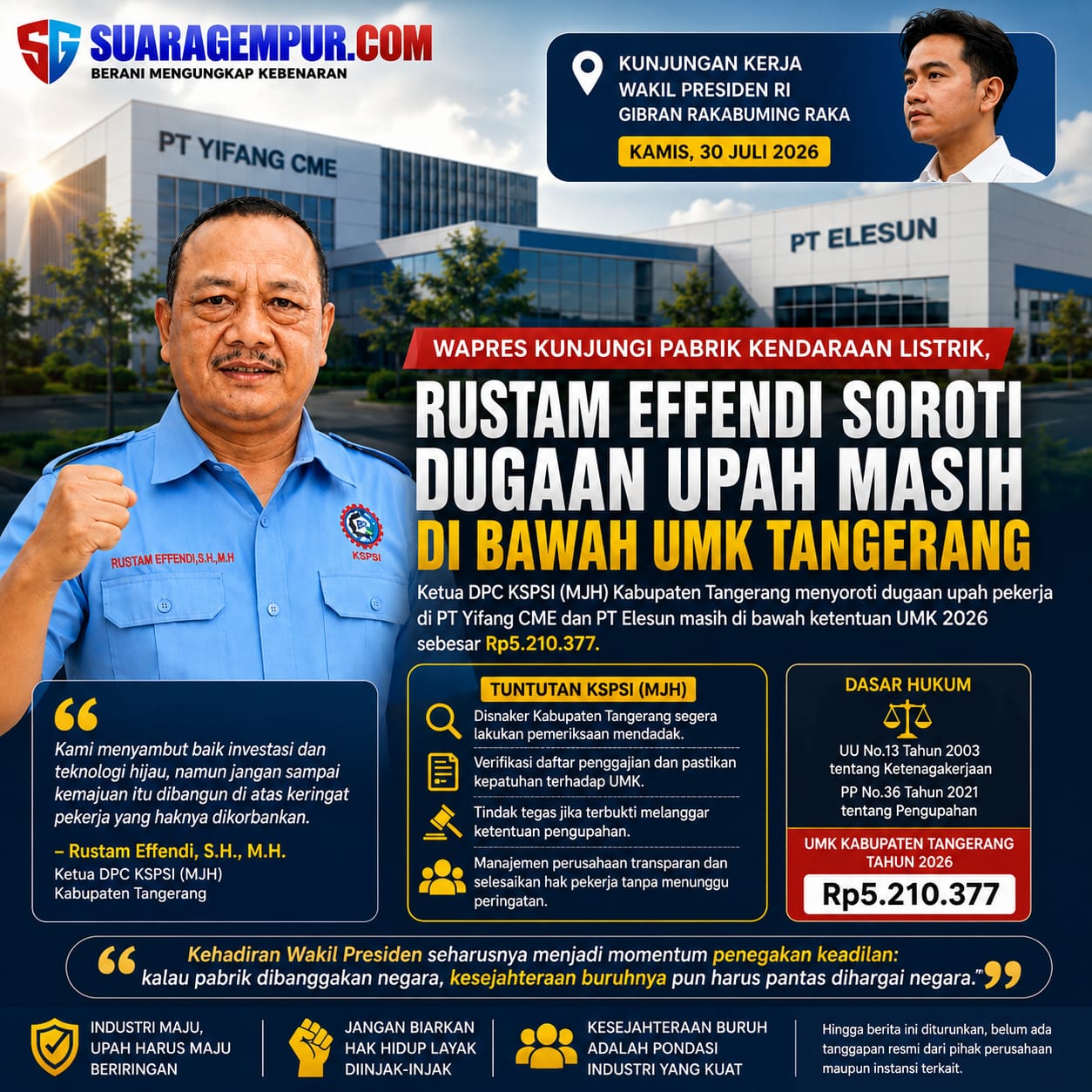 Wapres Kunjungi Pabrik Kendaraan Listrik, Ketua KSPSI Kabupaten Tangerang Soroti Dugaan Upah Buruh Masih di Bawah UMK