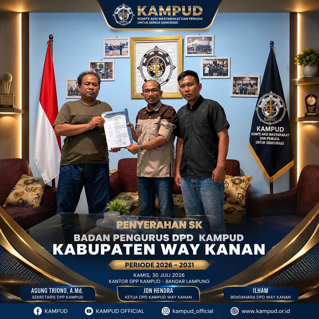 Seno Aji Serahkan SK DPD KAMPUD Way Kanan kepada Jon Hendra, Siap Kawal Supremasi Hukum dan Kontrol Sosial