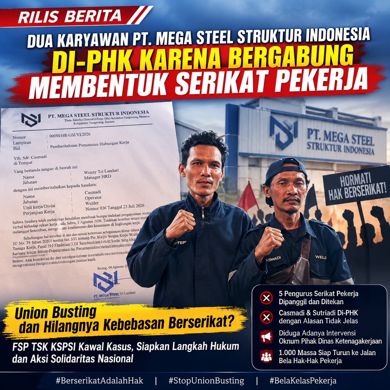 Diduga Terjadi Union Busting di PT Mega Steel Struktur Indonesia, Dua Pengurus Serikat Pekerja Di-PHK