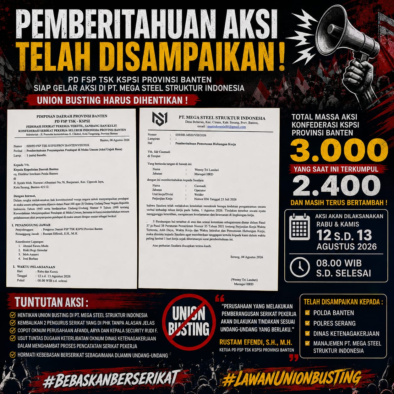 Pemberitahuan Aksi Telah Disampaikan, Konfederasi KSPSI Provinsi Banten Siapkan Ribuan Massa Aksi di PT. Mega Steel Struktur Indonesia