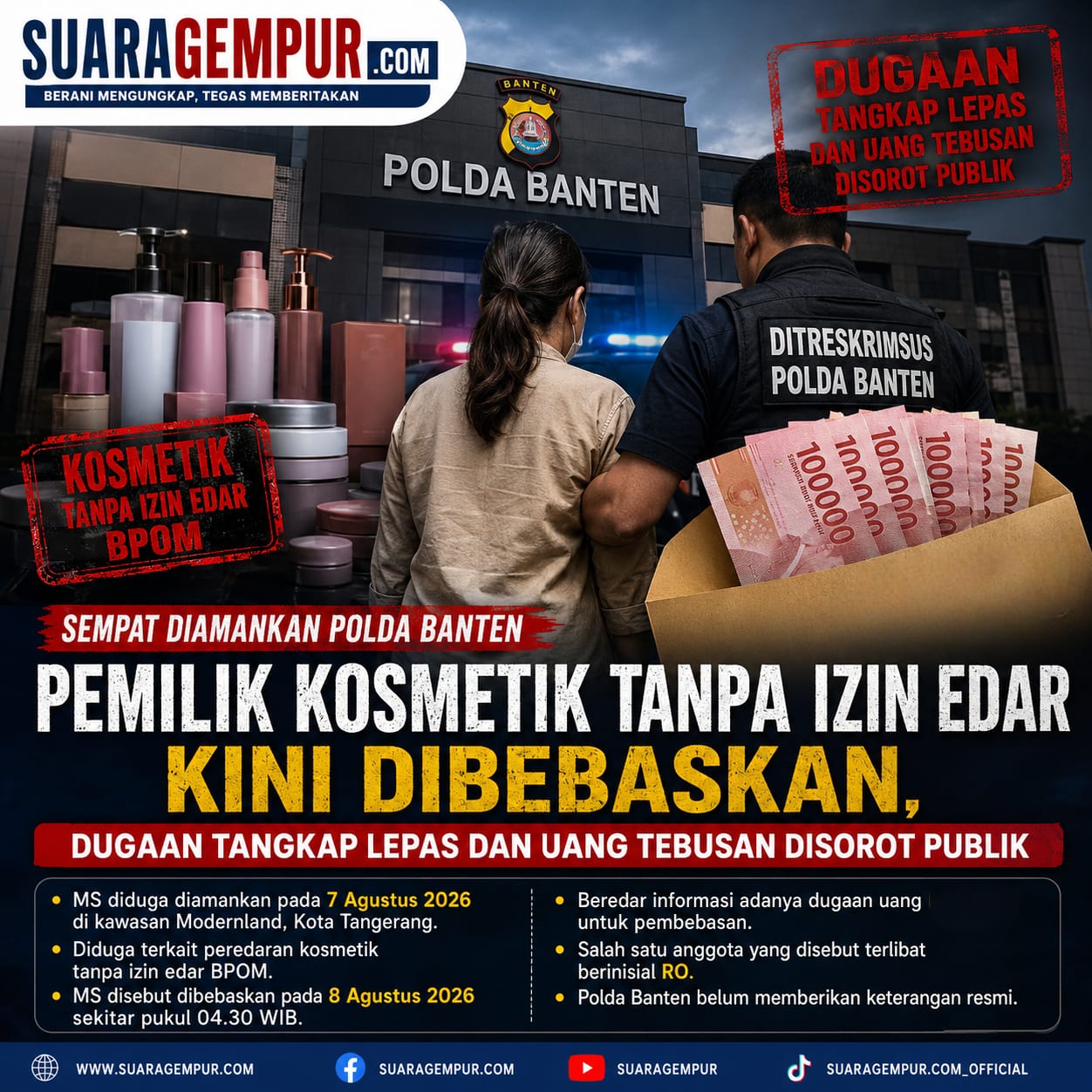 Sempat Diamankan Polda Banten, Pemilik Kosmetik Tanpa Izin Edar Kini Dibebaskan, Dugaan Tangkap Lepas dan Uang Tebusan Disorot Publik