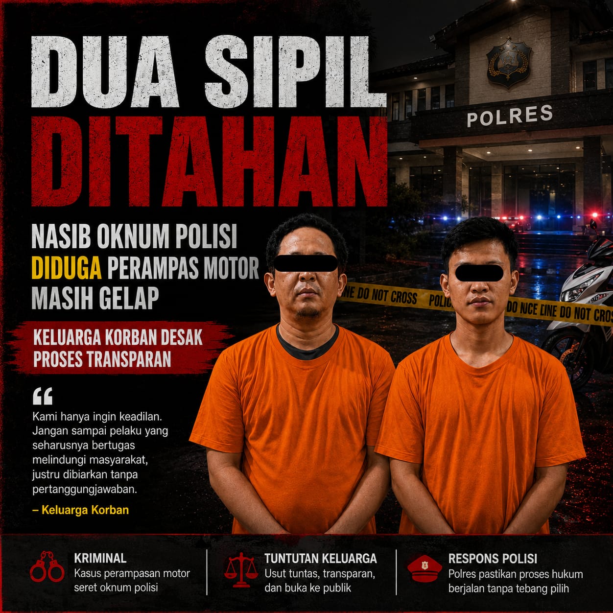 Dua Sipil Ditahan, Nasib Oknum Polisi yang Diduga Terlibat Perampasan Motor Masih Dipertanyakan