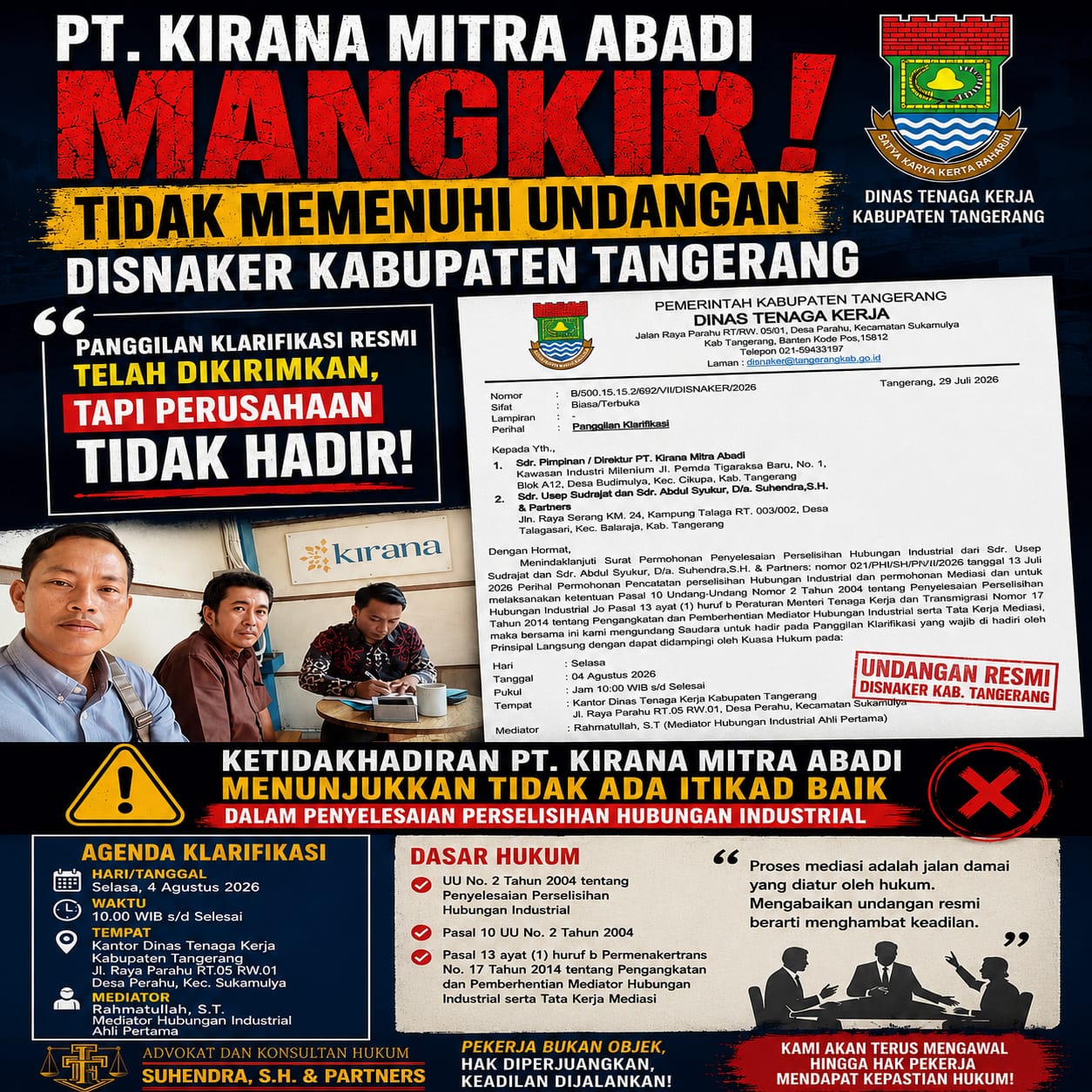 PT Kirana Mitra Abadi Mangkir dari Panggilan Disnaker Kabupaten Tangerang, Pekerja Minta Proses Mediasi Tetap Berjalan