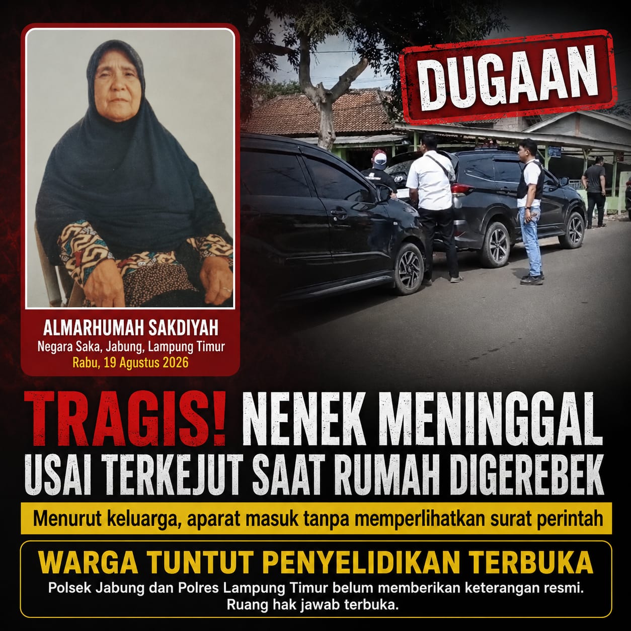 Nenek Sakdiyah Meninggal Usai Diduga Terkejut Saat Polisi Gerebek Rumah di Jabung, Warga Minta Prosedur Diselidiki