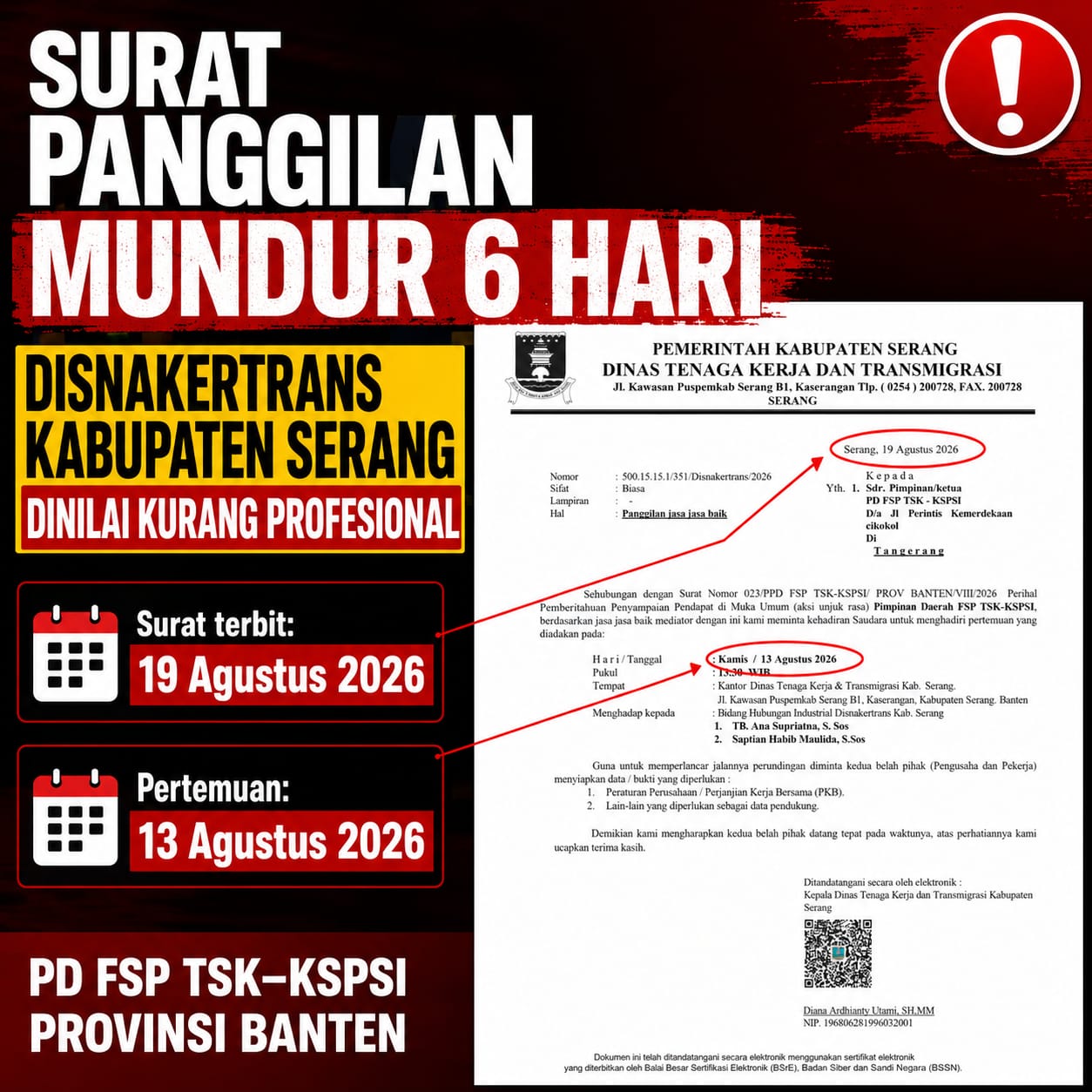 Surat Bertanggal 19 Agustus Jadwalkan Rapat 13 Agustus, Administrasi Disnakertrans Serang Dipertanyakan