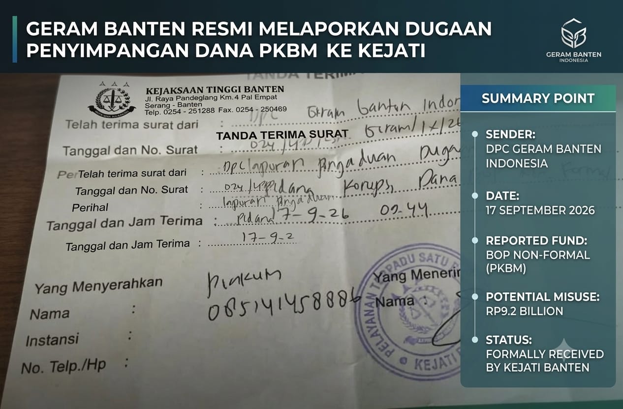GERAM Banten Resmi Laporkan Dindik Kota Serang ke Kejati, Soroti Dugaan Penyelewengan Dana PKBM Rp9,2 Miliar
