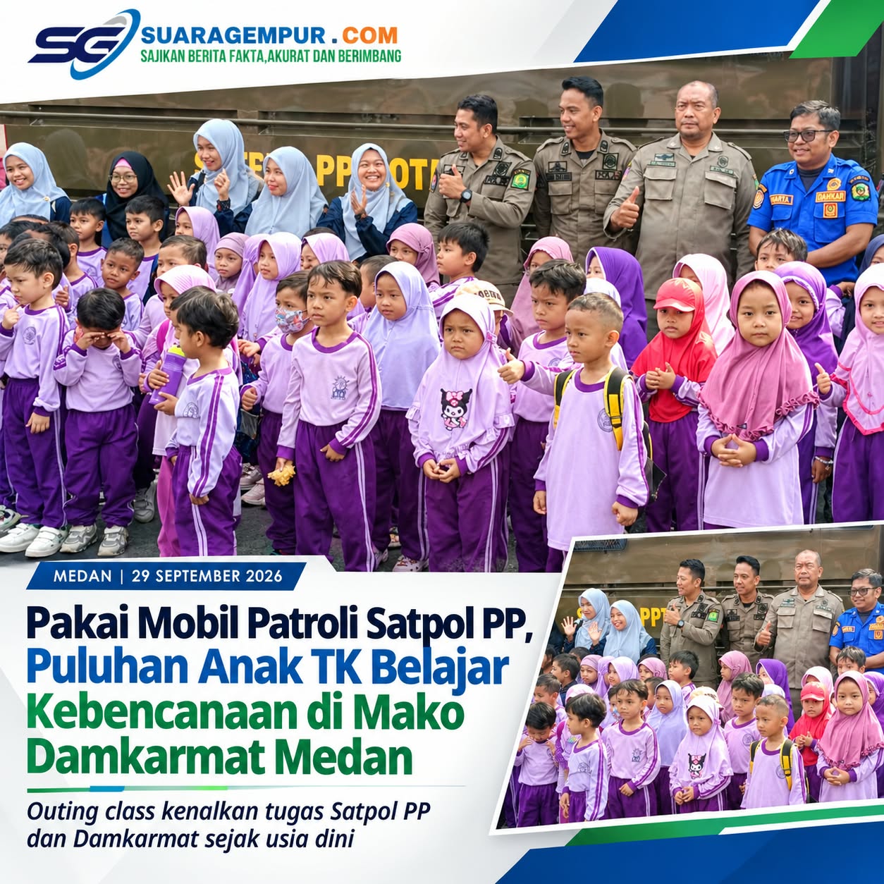 Pakai Mobil Patroli Satpol PP, Puluhan Anak TK Aisyiyah Bustanul Athfal Belajar Kebencanaan di Mako Damkarmat Medan