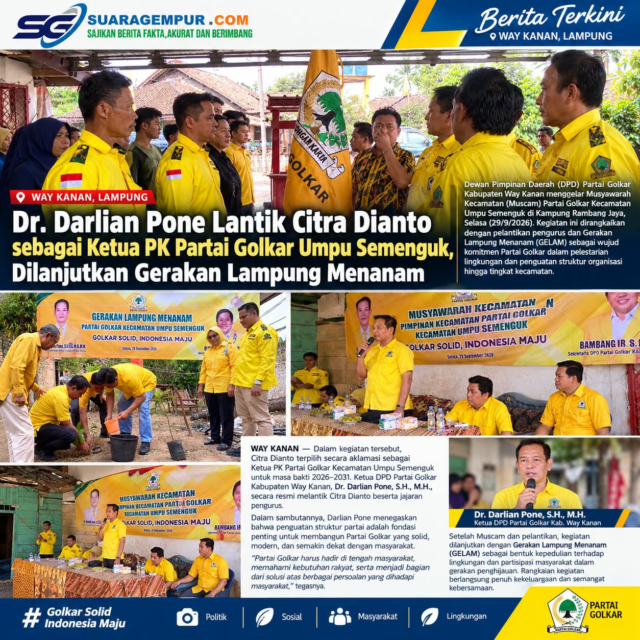 Dr. Darlian Pone Lantik Citra Dianto sebagai Ketua PK Partai Golkar Umpu Semenguk, Dilanjutkan Gerakan Lampung Menanam