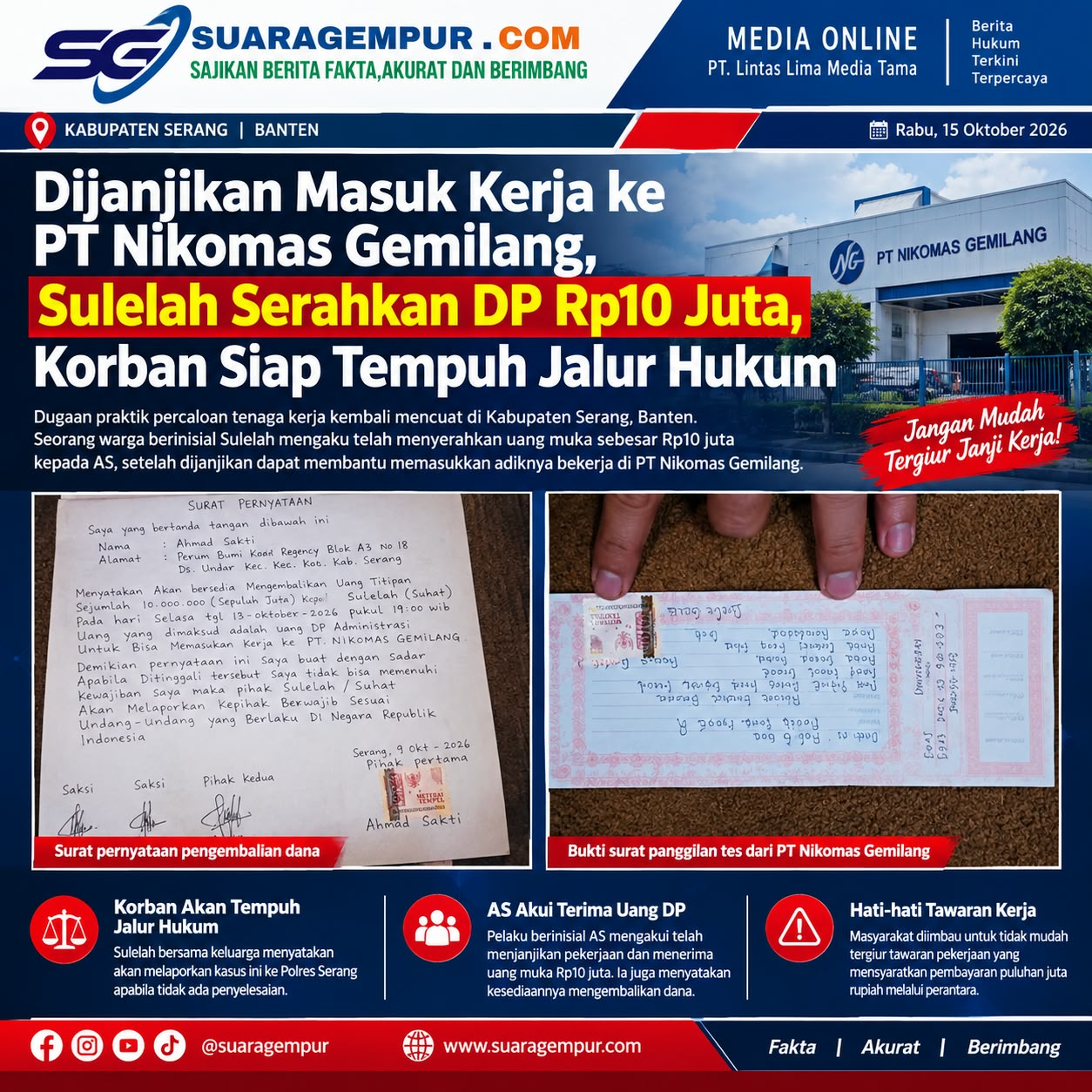 Dijanjikan Masuk Kerja ke PT Nikomas Gemilang, Sulelah Serahkan DP Rp10 Juta, Korban Siap Tempuh Jalur Hukum