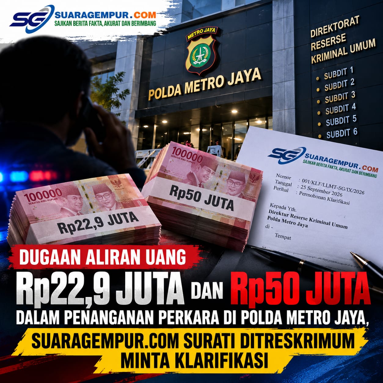 Dugaan Aliran Uang Rp22,9 Juta dan Rp50 Juta dalam Penanganan Perkara di Polda Metro Jaya, Suaragempur.com Surati Ditreskrimum Minta Klarifikasi