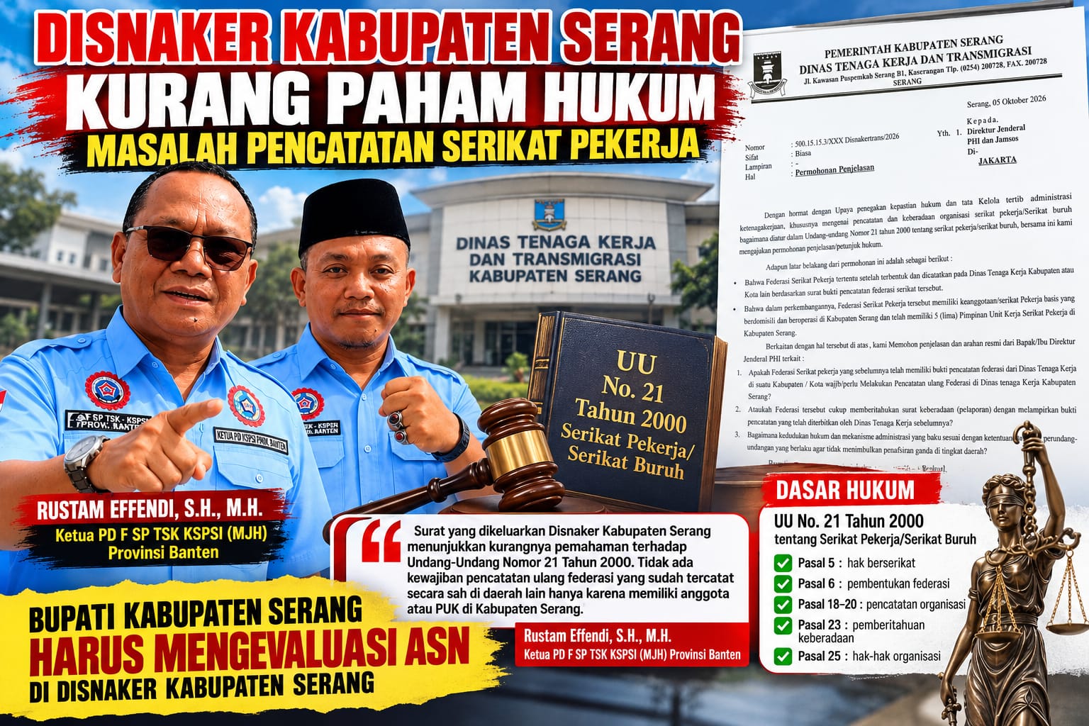 Pemahaman Hukum Disnaker Kabupaten Serang Dangkal Soal Pencatatan Serikat Pekerja, Desak Bupati Evaluasi ASN.