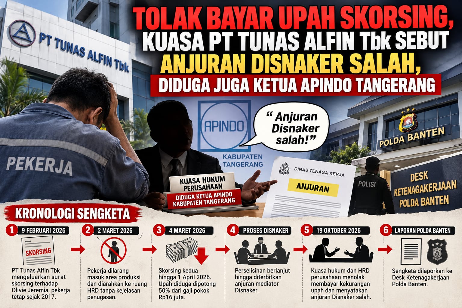 Tolak Bayar Upah Skorsing, Kuasa PT Tunas Alfin Tbk Sebut Anjuran Disnaker Salah, Diduga Juga Ketua APINDO Tangerang