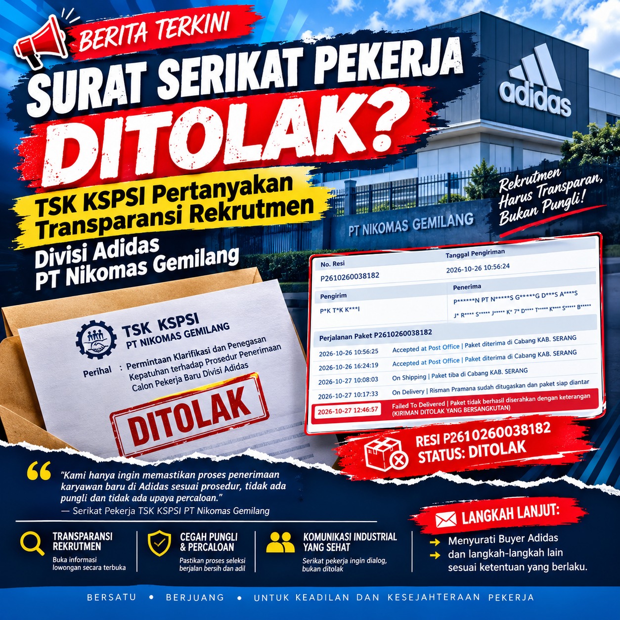 Surat Serikat Pekerja Ditolak, TSK KSPSI Pertanyakan Transparansi Rekrutmen Karyawan Divisi Adidas PT Nikomas Gemilang