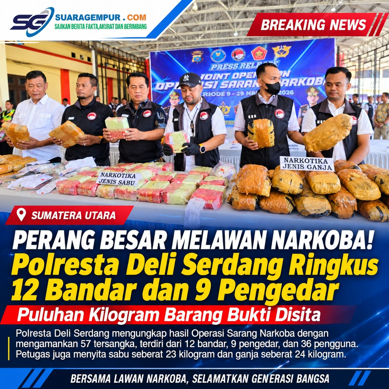 Perang Melawan Narkoba, Polresta Deli Serdang Amankan 57 Tersangka, Sita 23 Kg Sabu dan 24 Kg Ganja